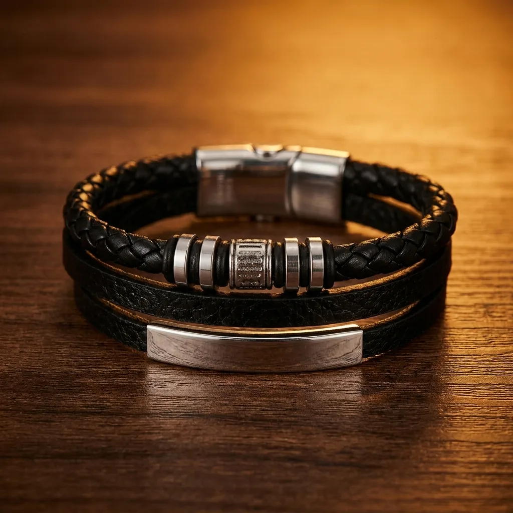 Layered Leather Bracelet, Steel Clasp