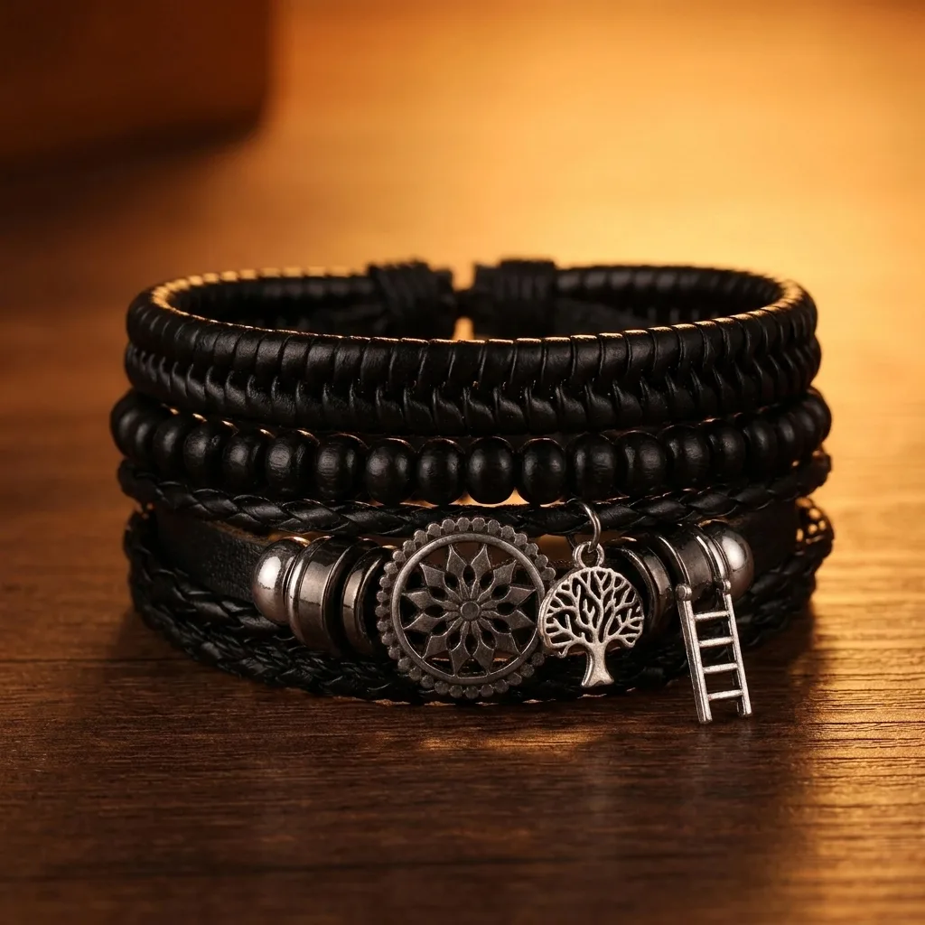 Leather Wrap Bracelets, Set of 4