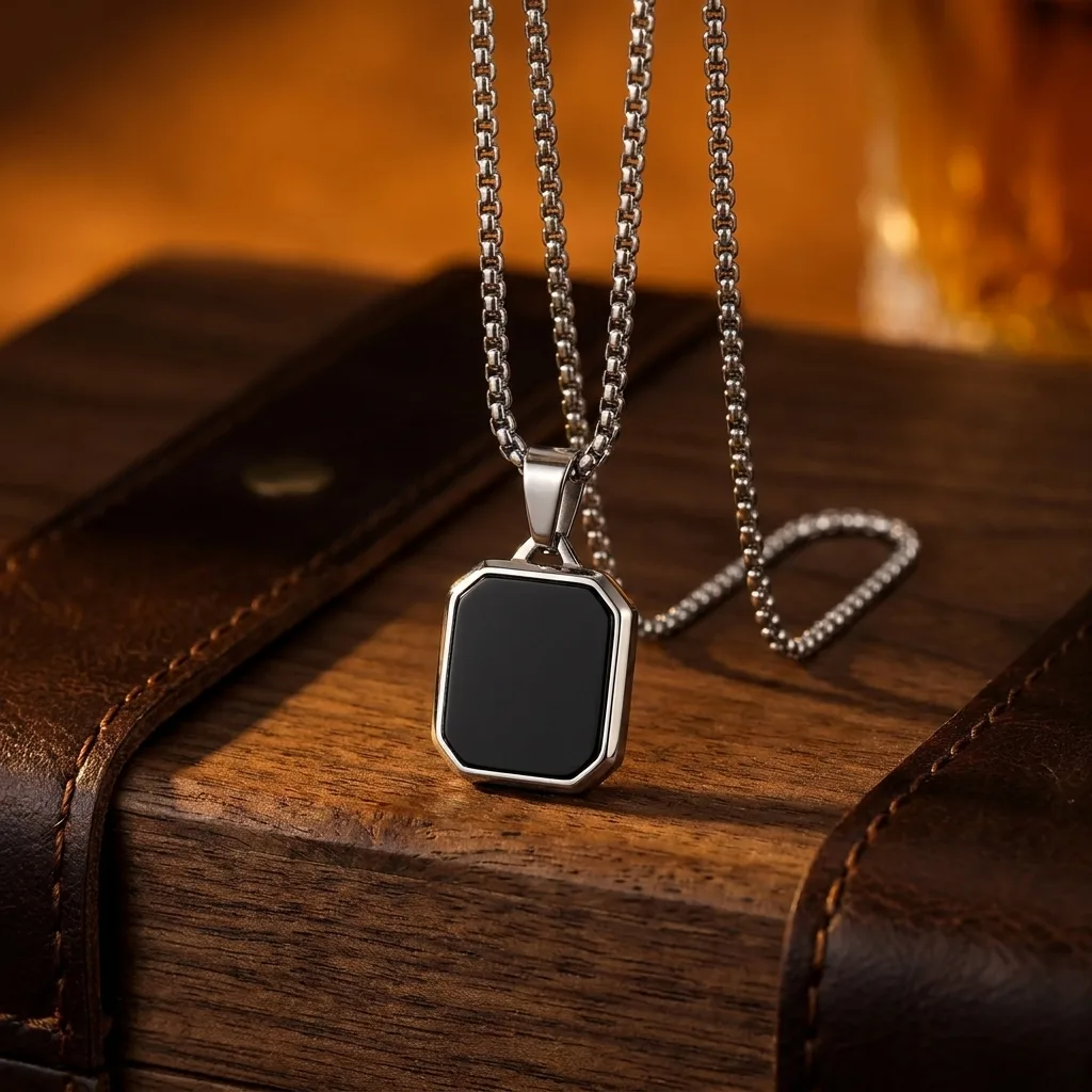 Square Stone Pendant, Steel